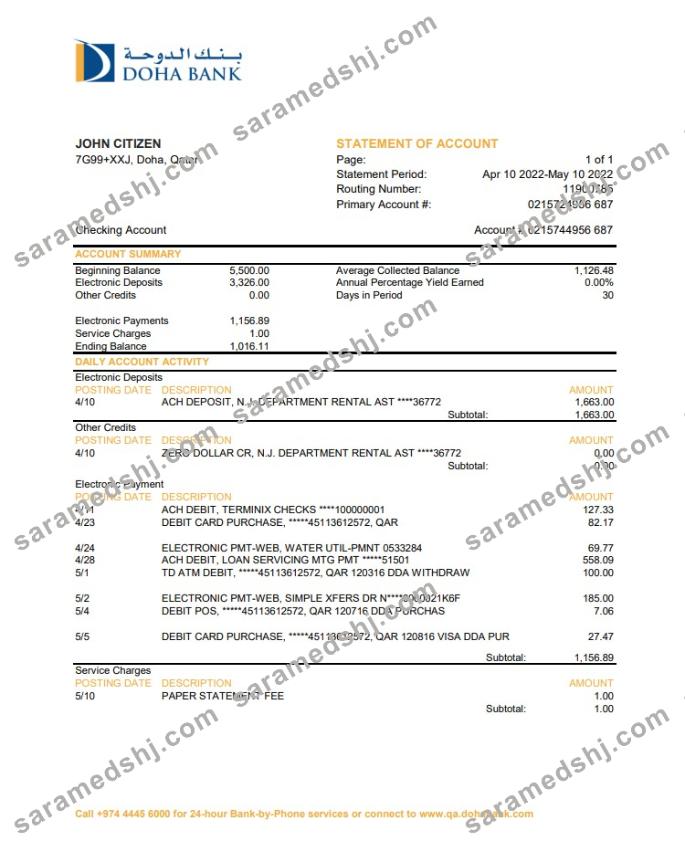 Qatar Doha Bank statement XLS
